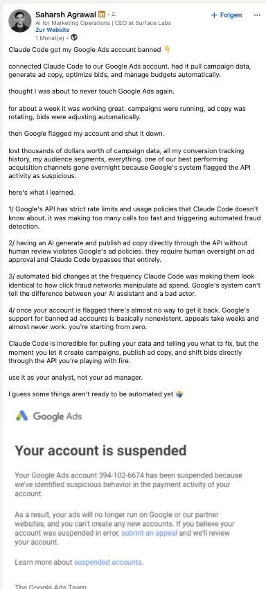 Der virale LinkedIn-Post: „Claude Code got my Google Ads account banned"