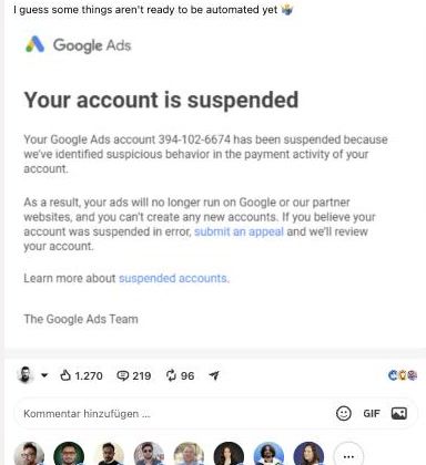 Die Sperrmeldung aus dem Post nennt als Grund die Payment-Aktivität