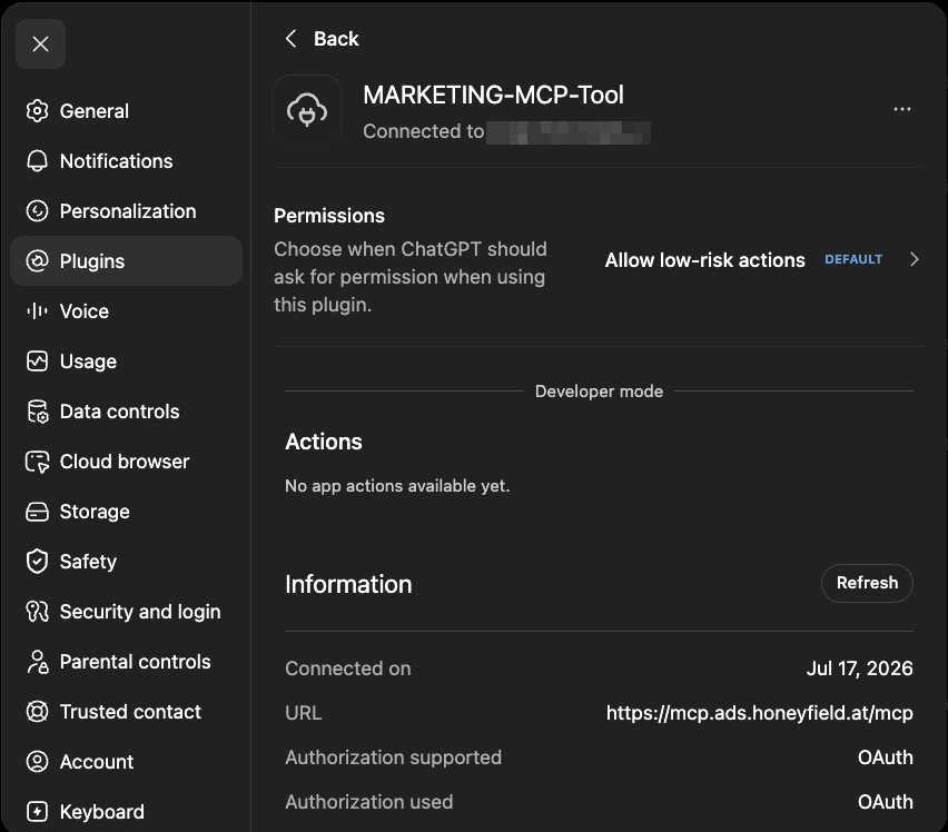 ChatGPT plugin details: connected to the Marketing-MCP account