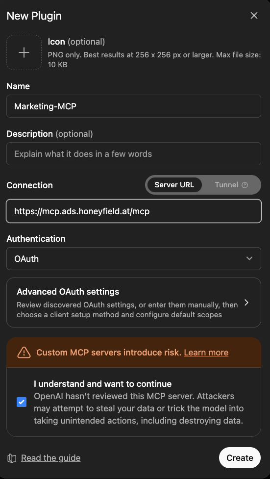 ChatGPT New Plugin dialog with name, server URL and OAuth