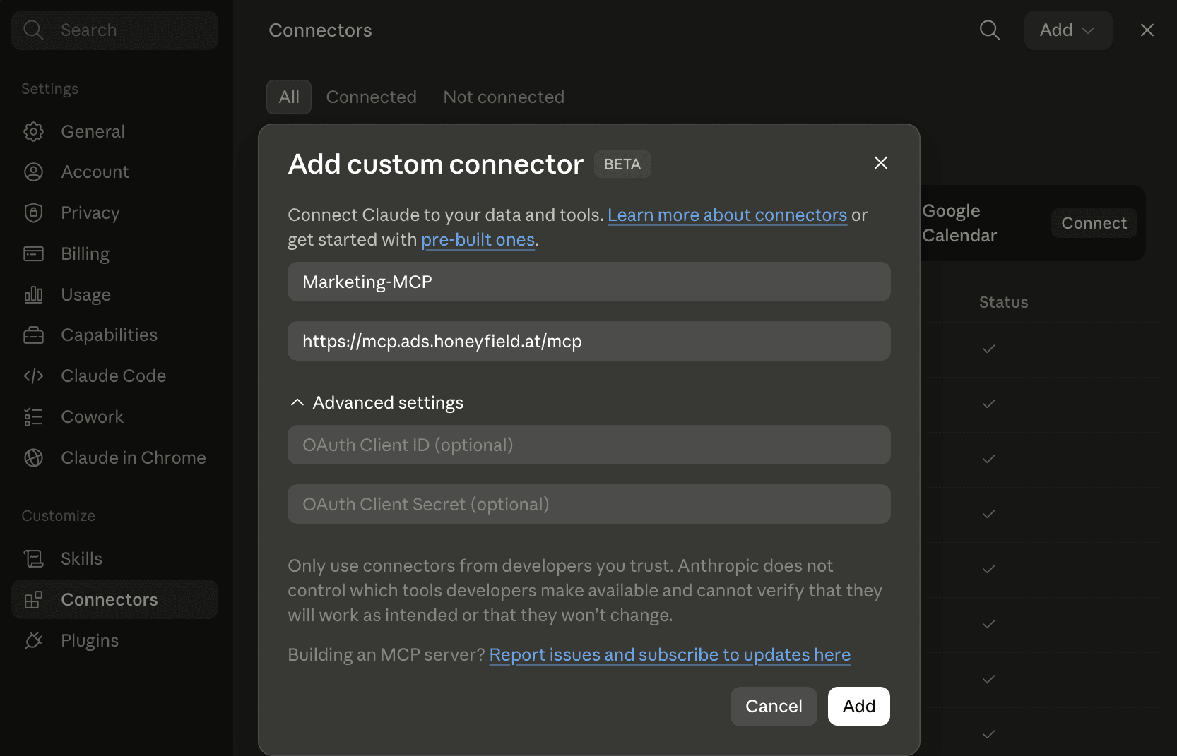 Claude.ai: “Add custom connector” dialog with name and connector URL