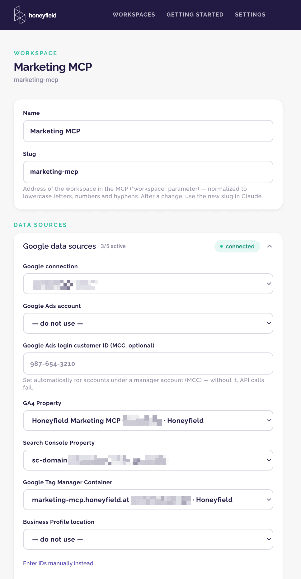 Workspace in the portal: Google data sources assigned, status connected